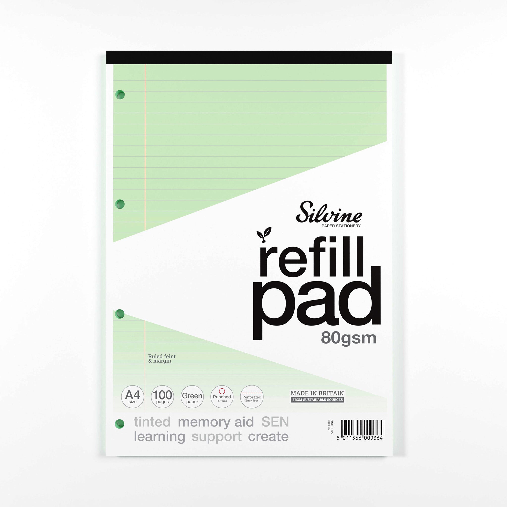 Silvine Green Tinted Paper Ruled Refill Pad For SEN & Dyslexic Students (Supportive Classroom Learning) On A White Background