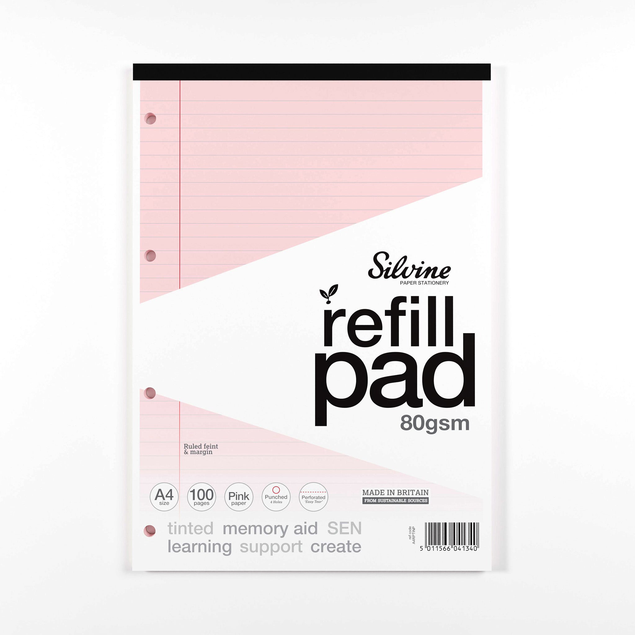 Silvine Pink Tinted Paper Ruled Refill Pad For SEN & Dyslexic Students (Supportive Classroom Learning) On A White Background