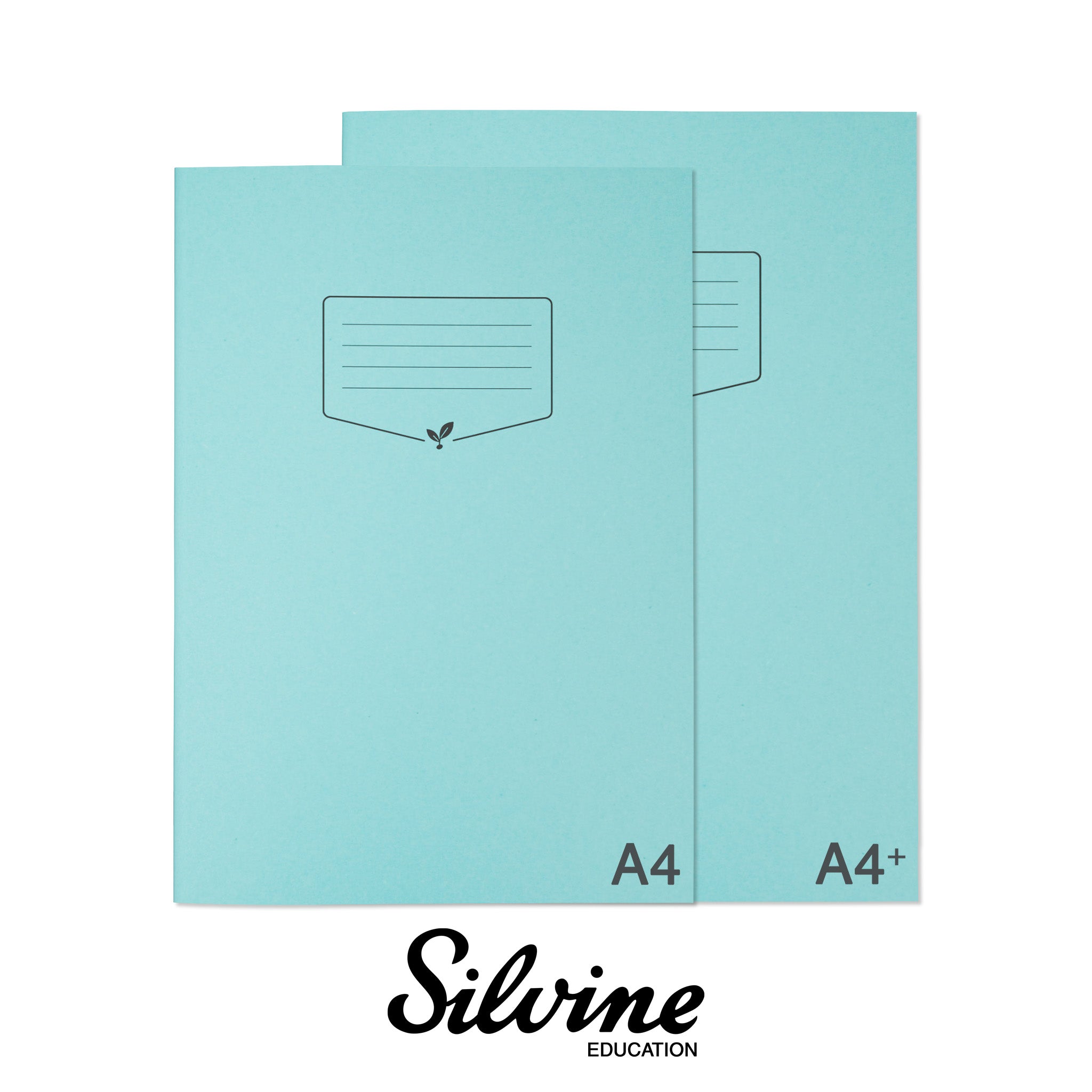 Silvine Education Exercise Books Size Guide. Blue Manila Cover Books On A White Background Showing Scale Difference In A4 & A4+