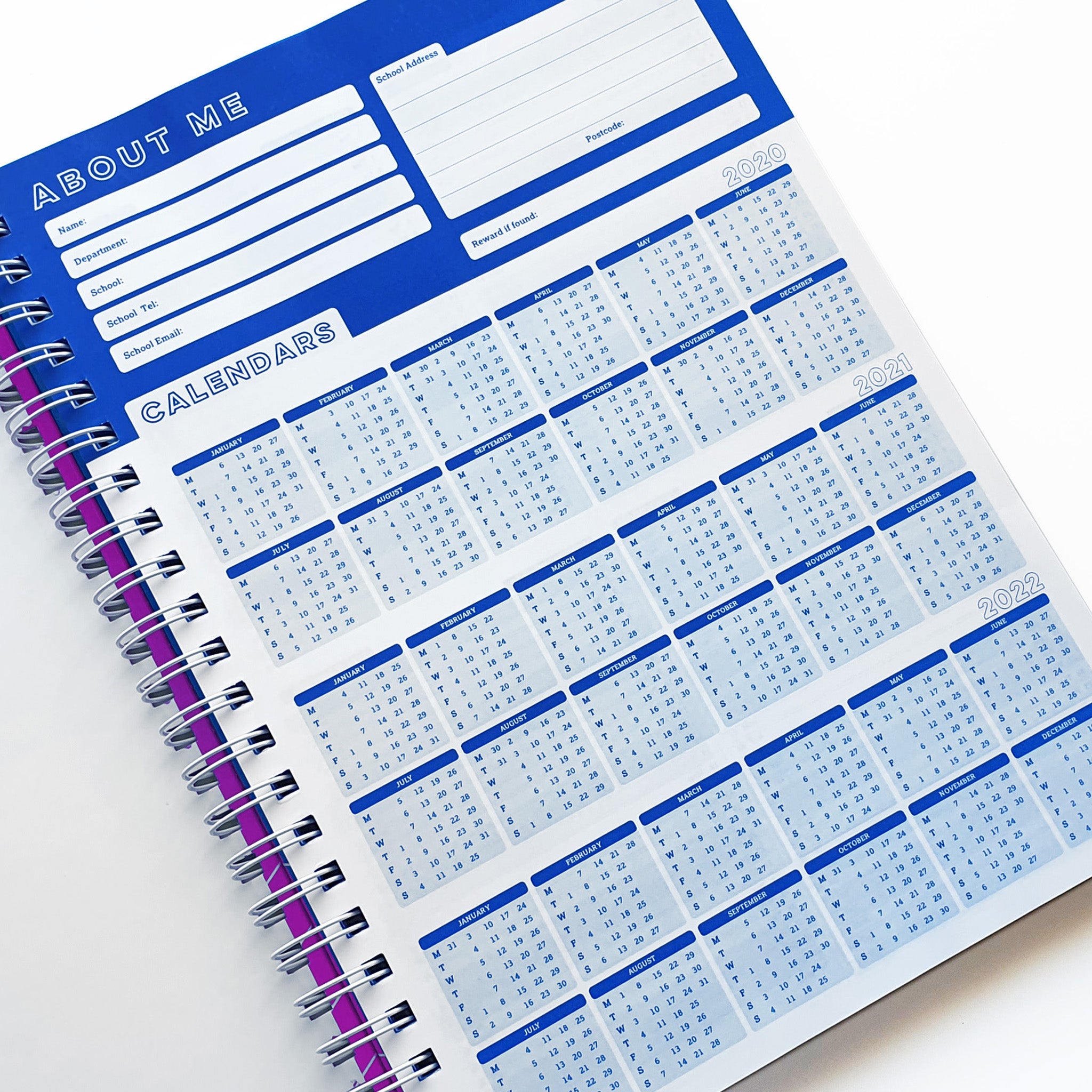 Teachers Planner Open On Calendar Planner Page, In A Blue & White Design On A White Background