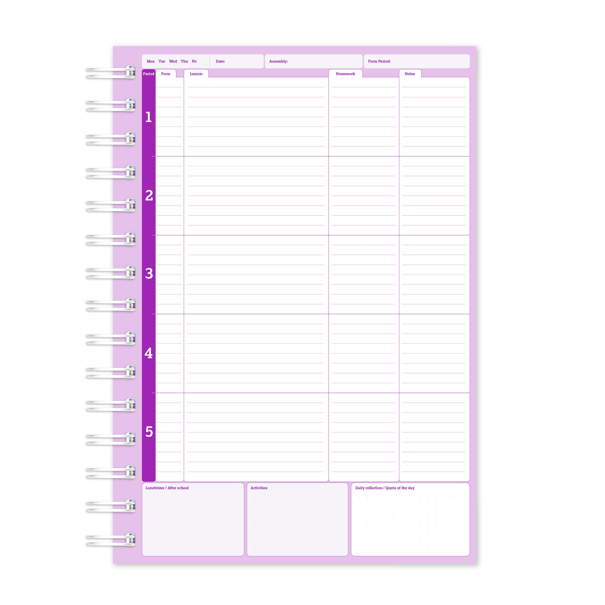 Purple Teacher's Planner 5 Day Period Ring Bound Book On A White Background