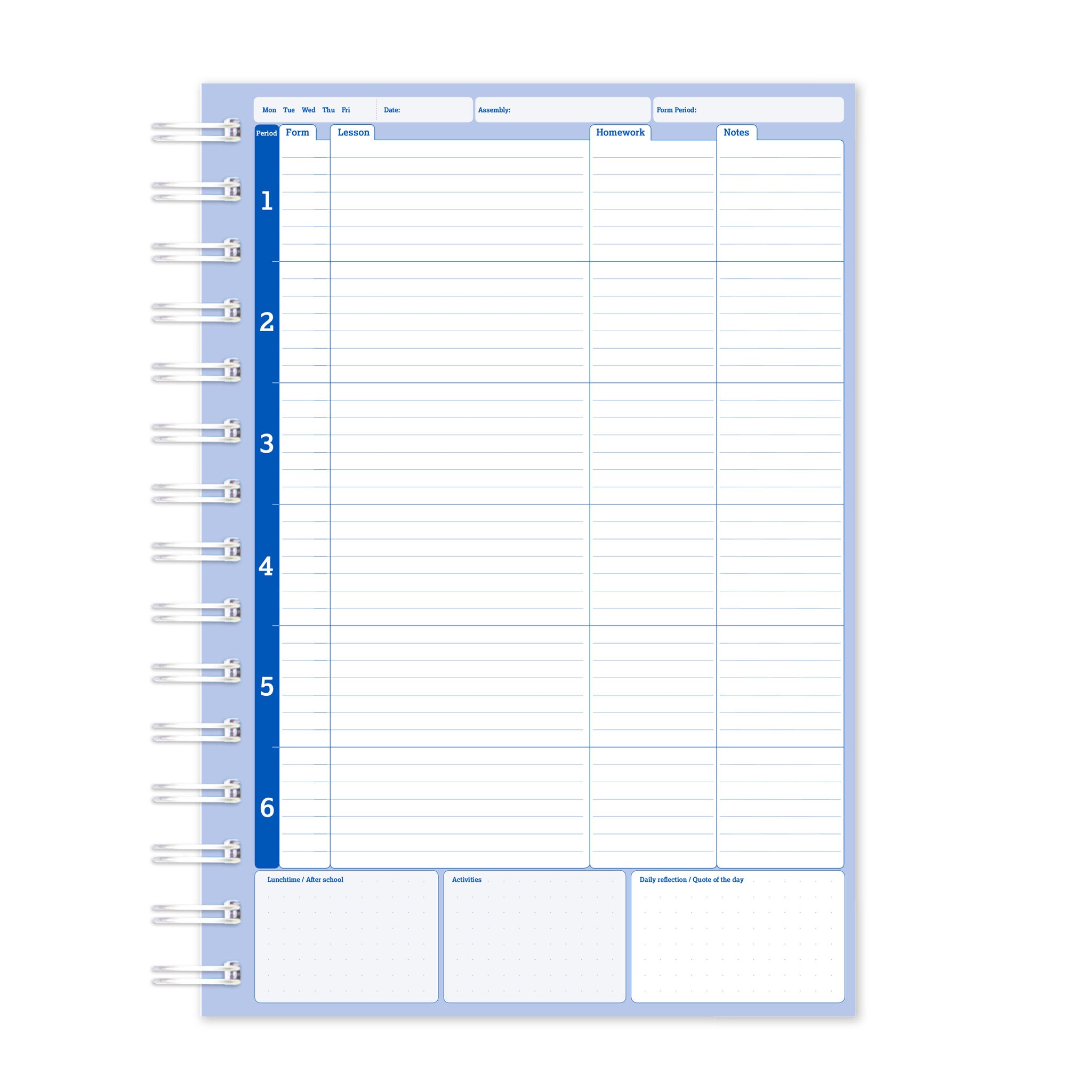 Blue Teacher's Planner 6 Day Period Ring Bound Book On A White Background