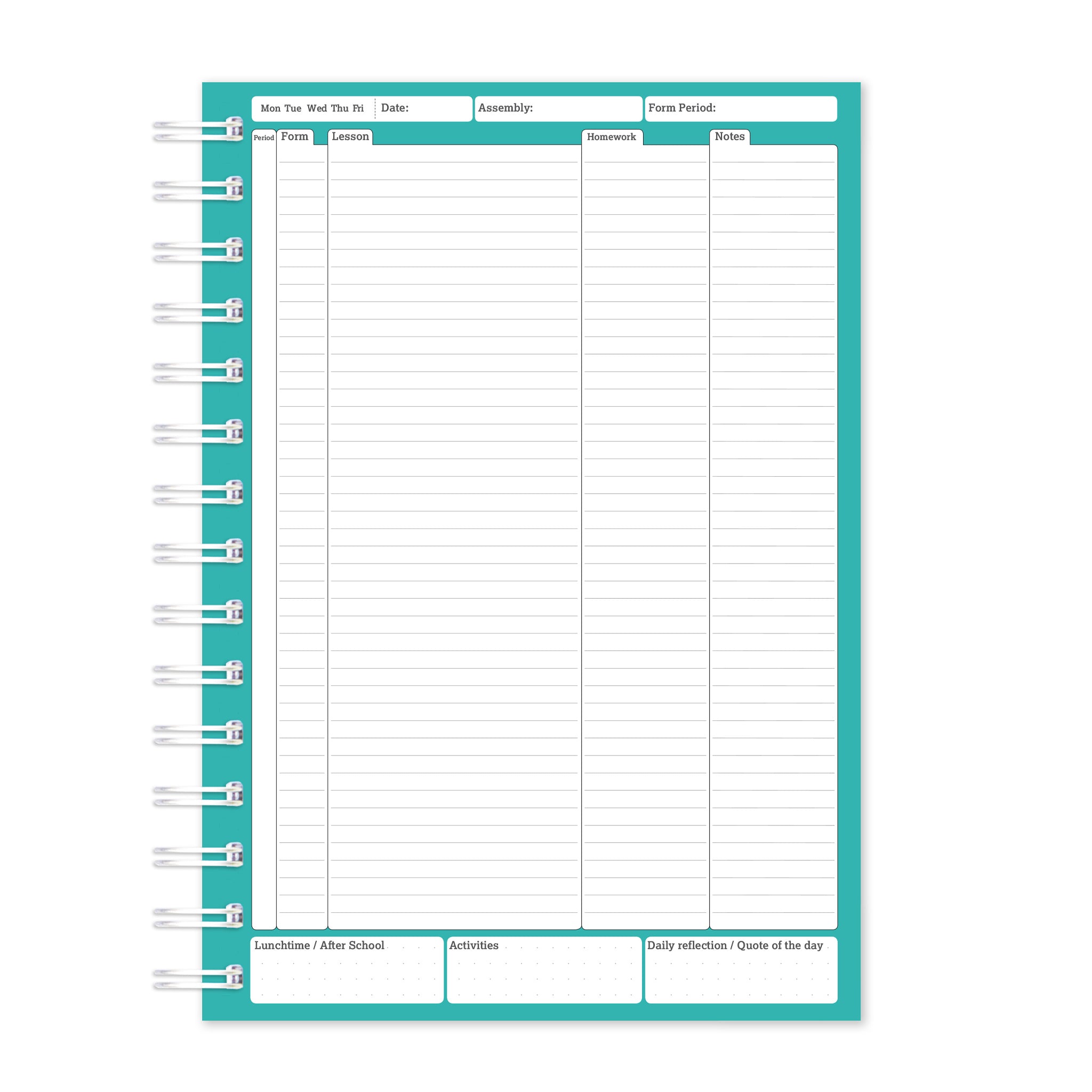 Back Cover Of Teal Teacher's Planner Flexi Day Period Ring Bound Book On A White Background