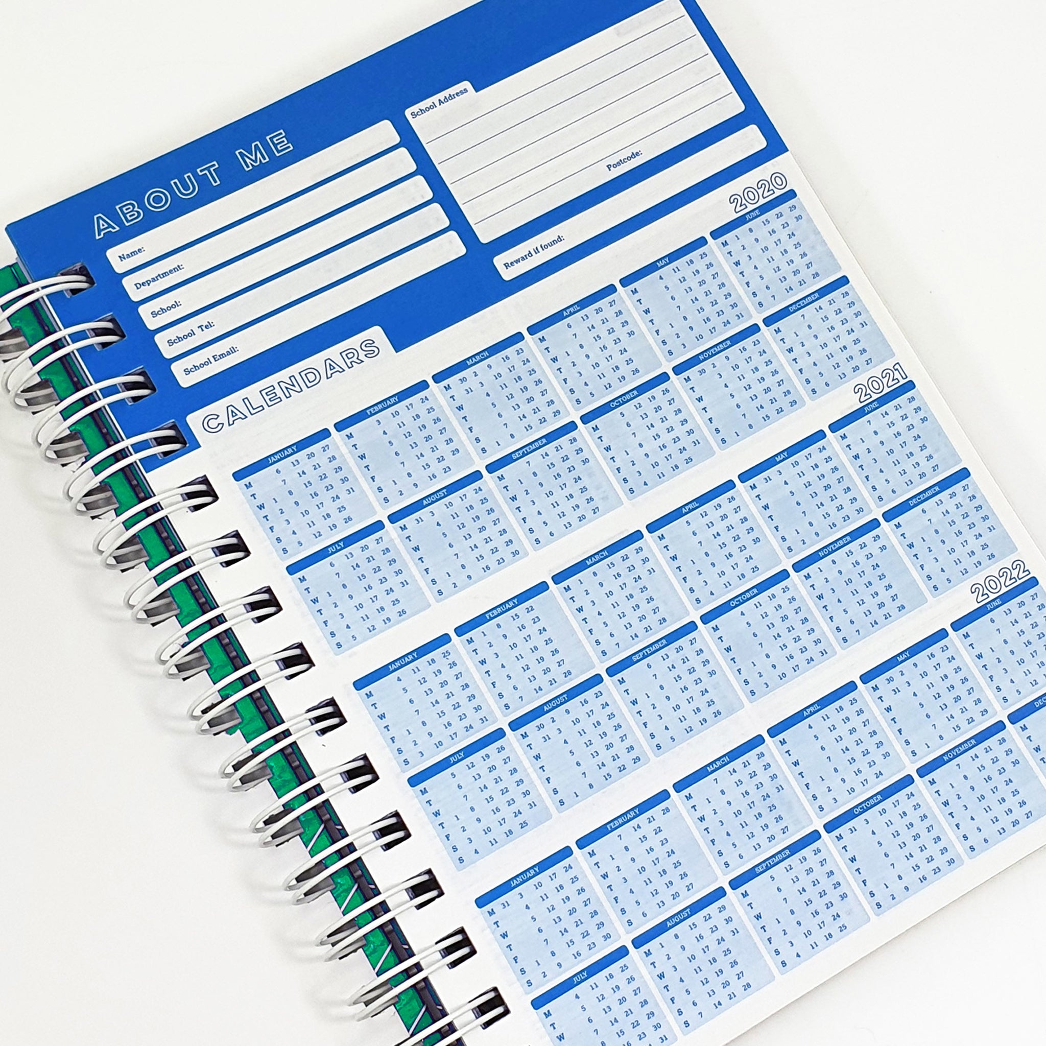Teachers Planner Open On Calendar Planner Page, In A Blue & White Design On A White Background