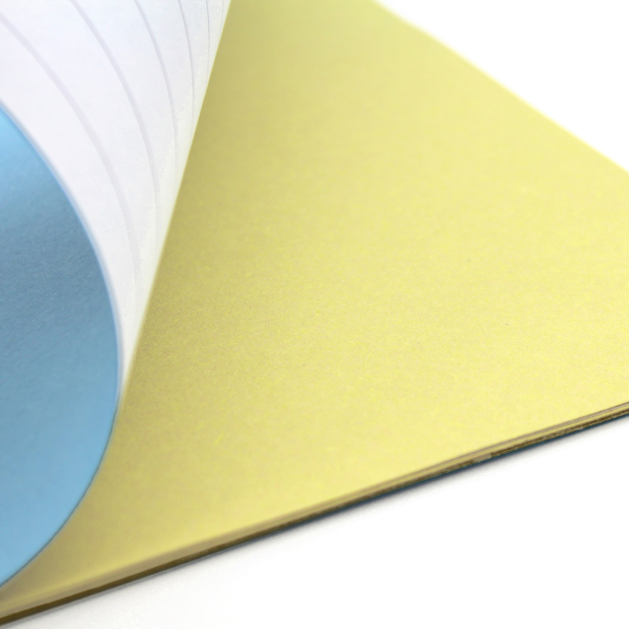 Sinclairs Topic Book, Blue Cover Open To Show The Yellow Sugar Paper Inner On A White Background.