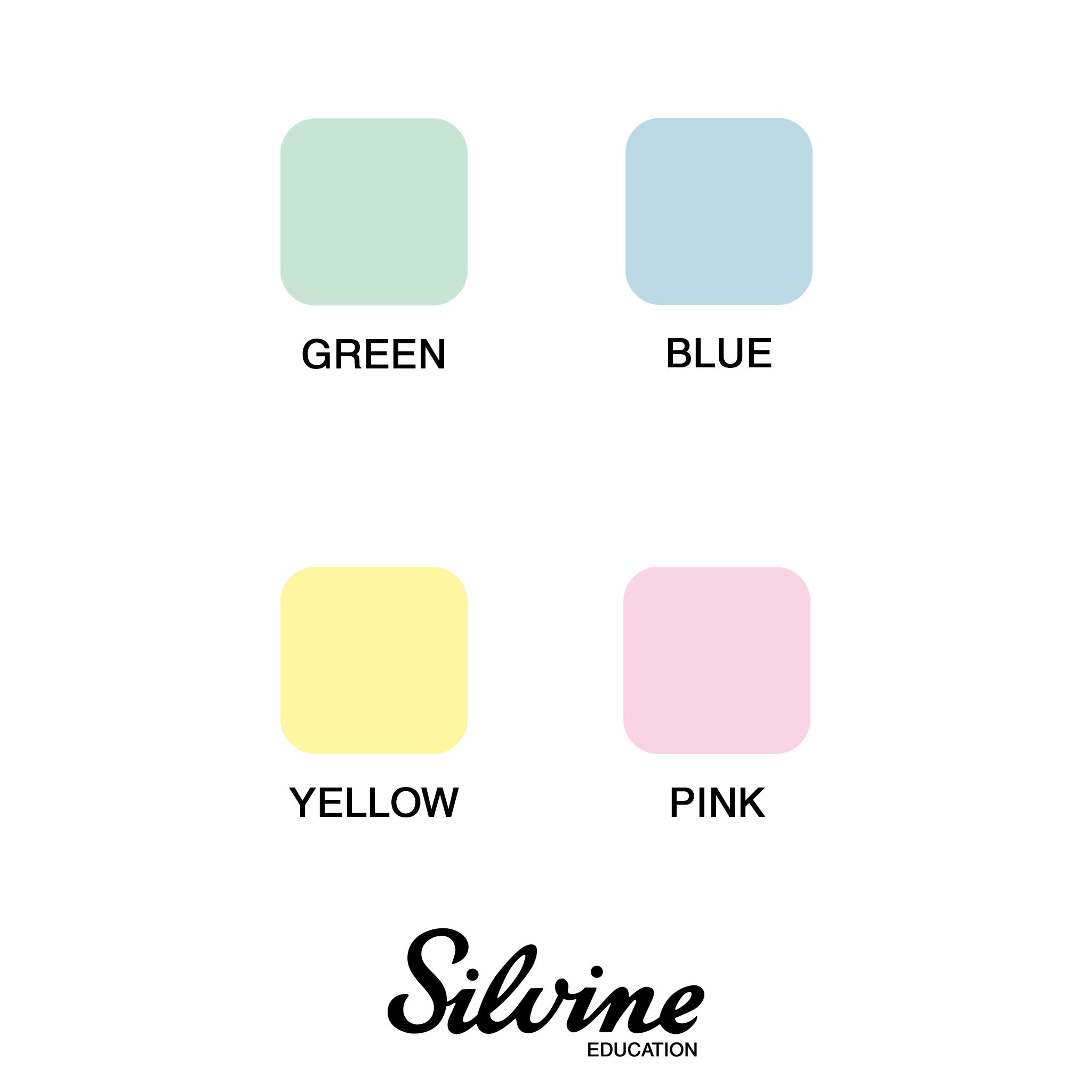 Colour swatches of green, blue, yellow, and pink Silvine Education tinted papers.