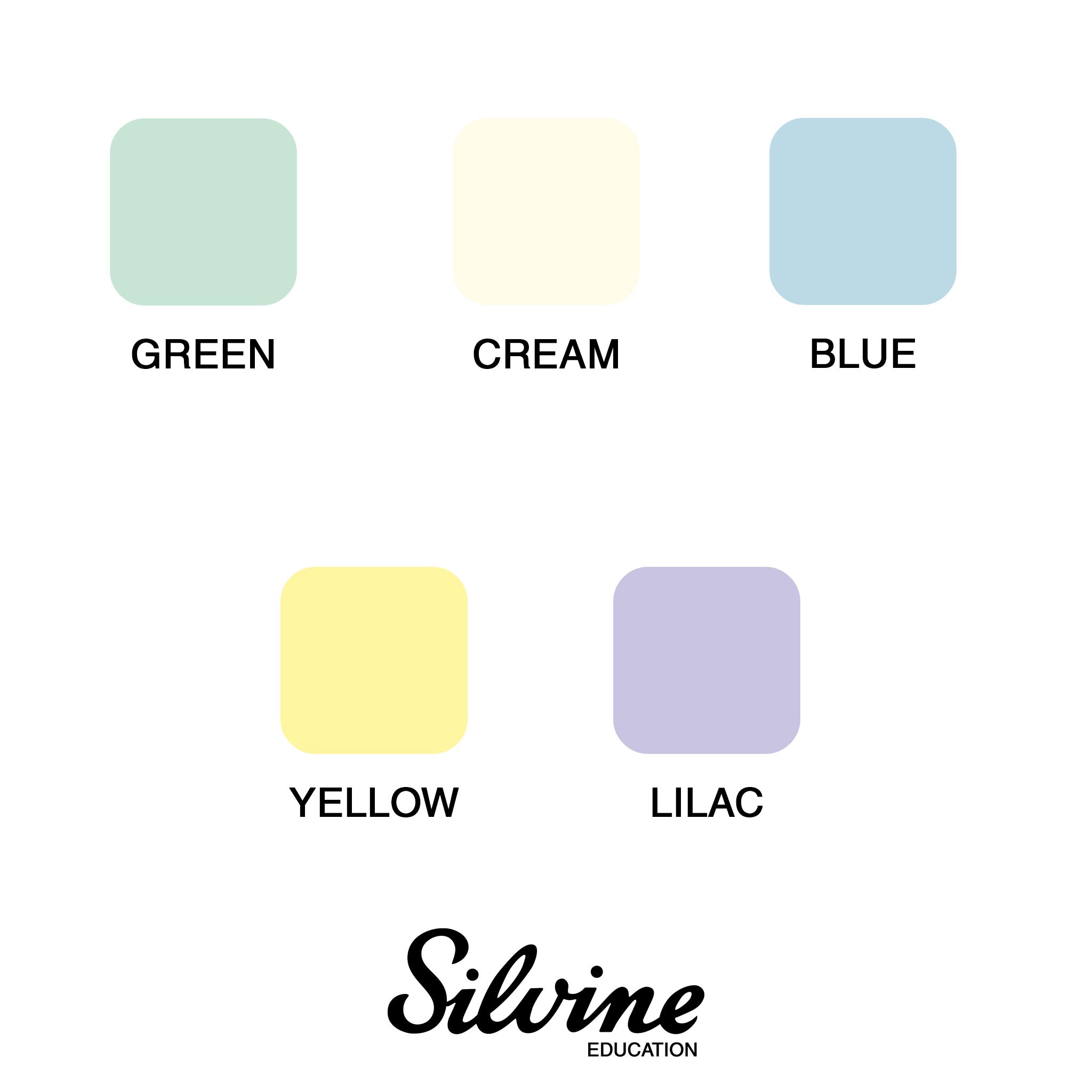 Colour swatches of green, cream, blue, yellow, and lilac Silvine Education tinted papers.