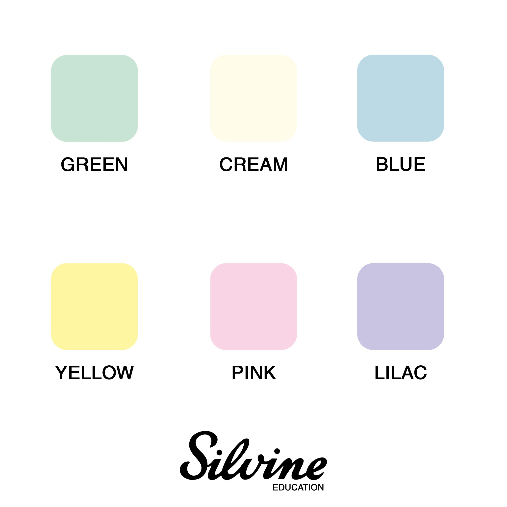 Colour swatches of green, cream, blue, yellow, pink and lilac Silvine Education tinted papers.