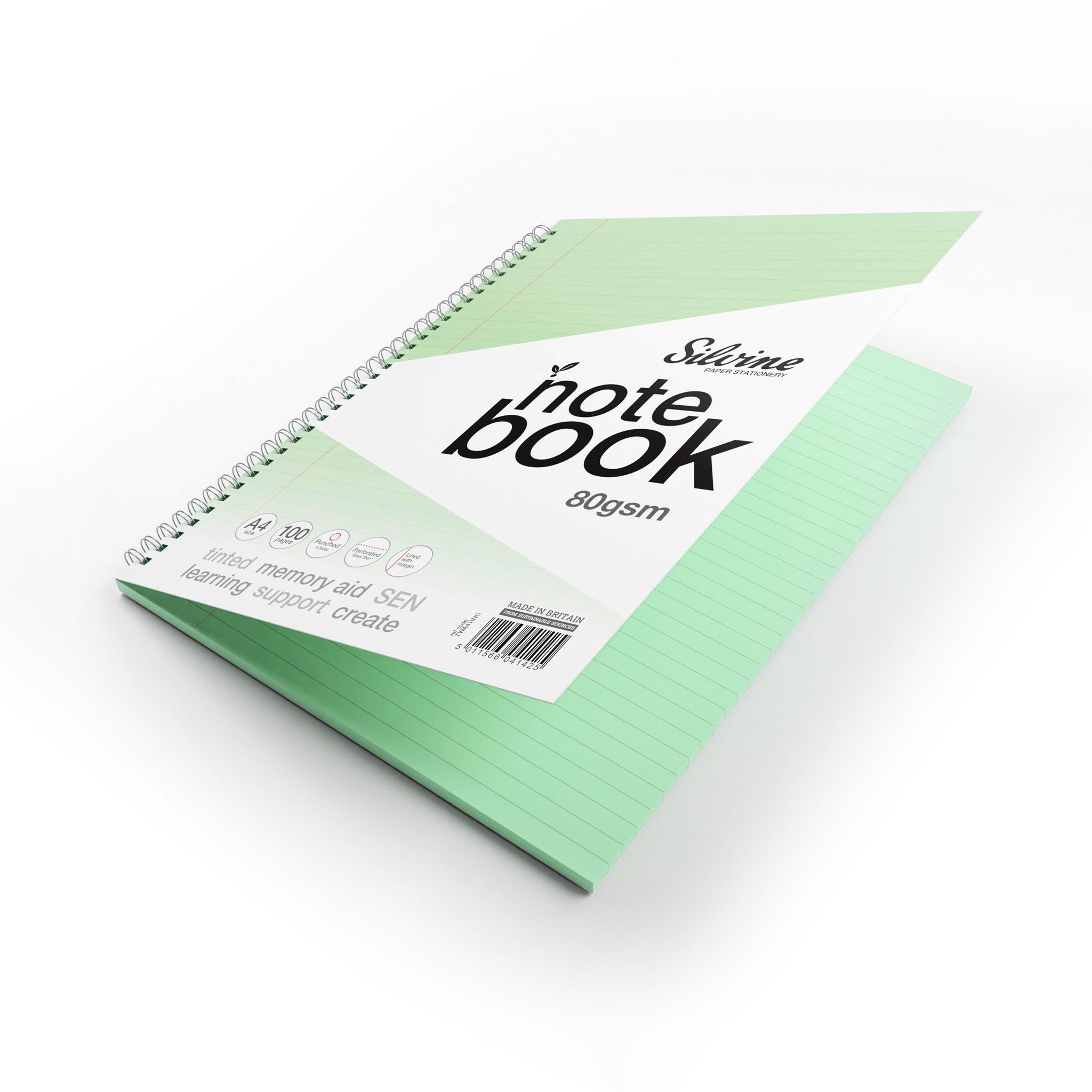 A Open Silvine Twin Wire A4 Notebook In Green Tinted Paper for Inclusive Classroom Learning On A White Background