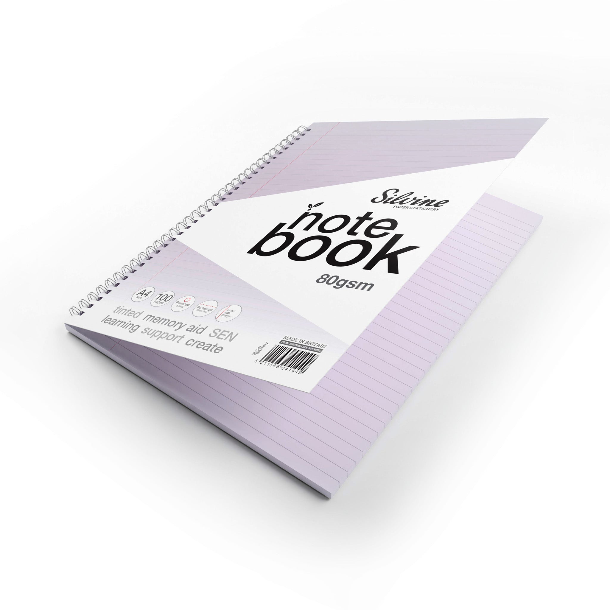 A Open Silvine Twin Wire A4 Notebook In Lilac Tinted Paper for Inclusive Classroom Learning On A White Background
