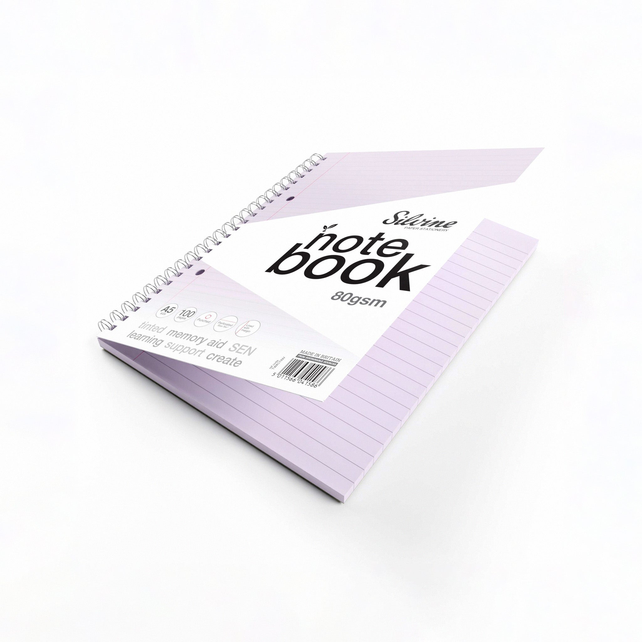 A Open Silvine Twin Wire Notebook In Lilac Tinted Paper for Inclusive Classroom Learning On A White Background